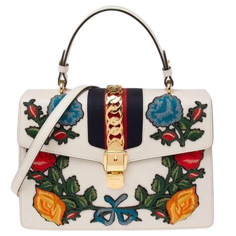 medium white gucci sylvie|GUCCI Calfskin Floral Medium Sylvie Top Handle Bag Off White .